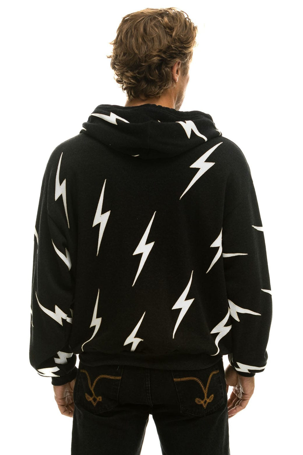Retro BOLT STITCH REPEAT RELAXED ZIP HOODIE WITH POCKET ZIPPERS- BLACK WHITE