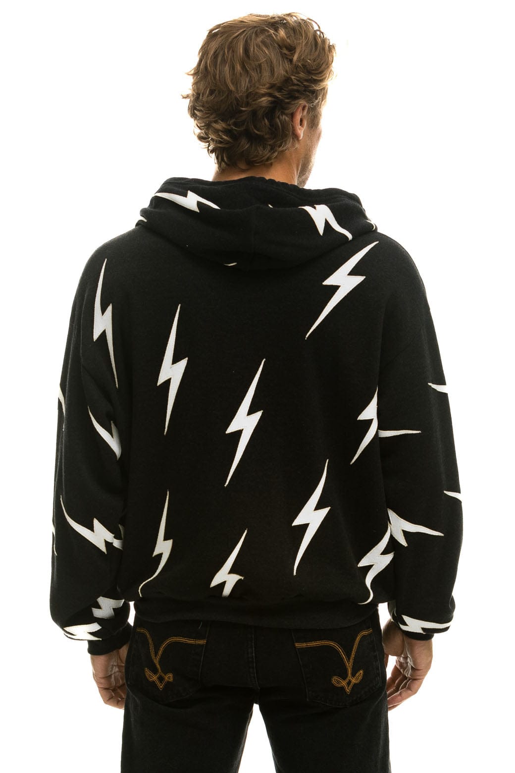 Retro BOLT STITCH REPEAT RELAXED ZIP HOODIE WITH POCKET ZIPPERS- BLACK WHITE