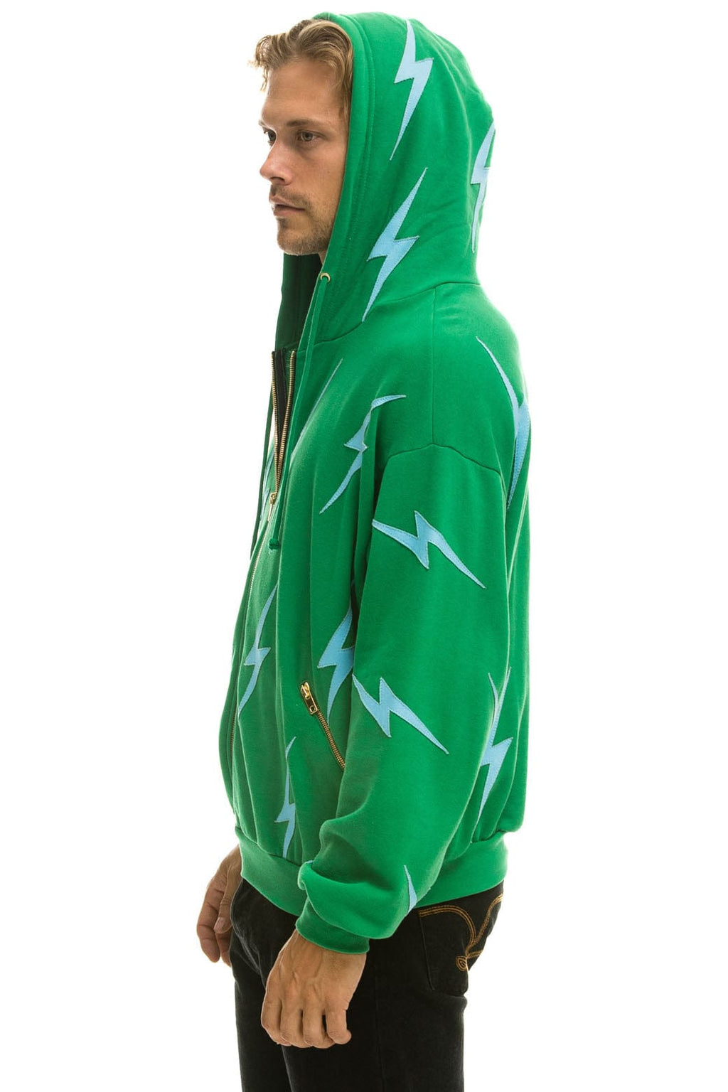 Retro BOLT STITCH REPEAT RELAXED ZIP HOODIE WITH POCKET ZIPPERS - KELLY GREEN BLUE