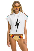 Retro BOLT STRIPE SLEEVELESS RELAXED CROPPED PULLOVER HOODIE - WHITE