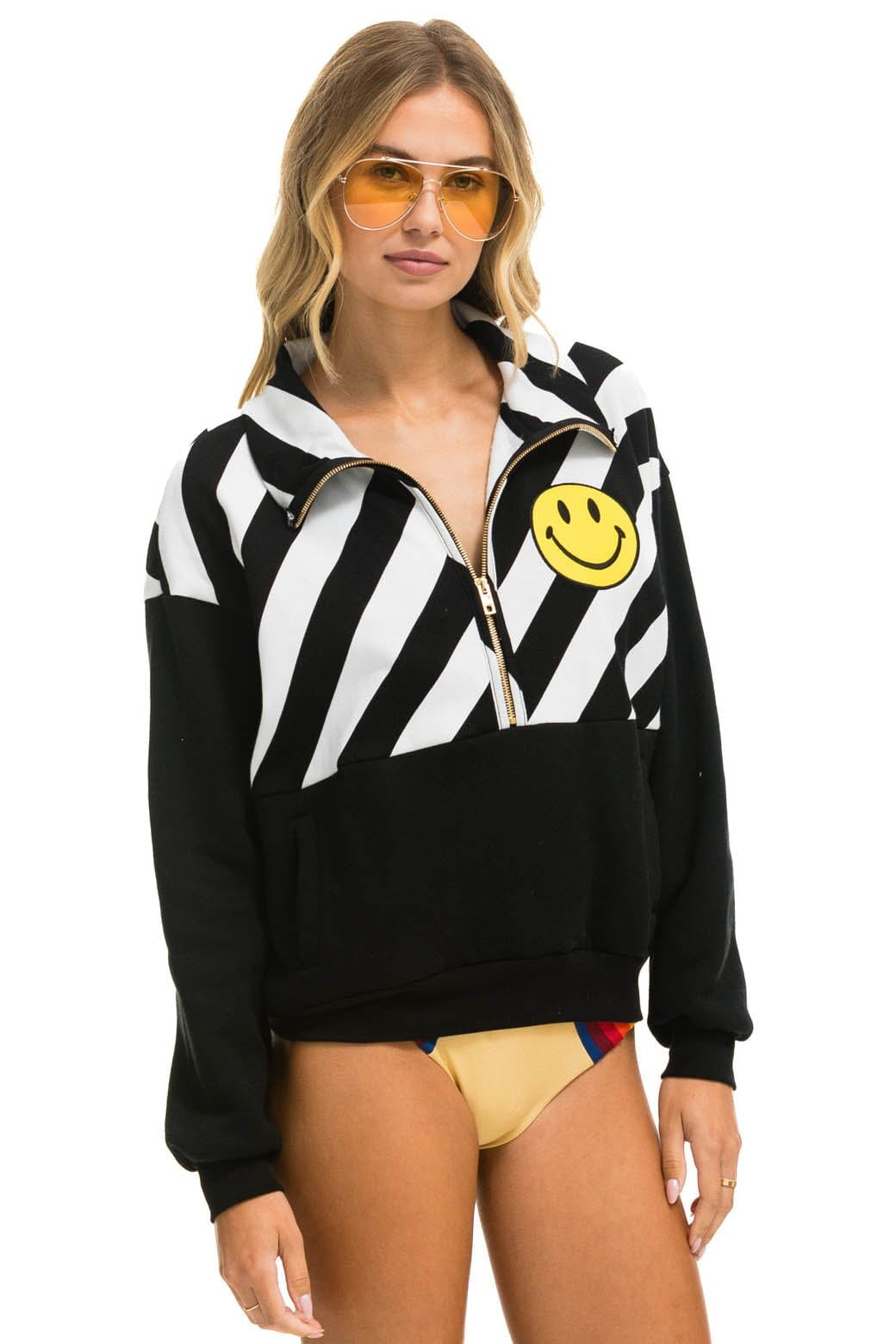 Retro CAUTION SMILEY 2 EMBROIDERY FLEECE HALF ZIP SWEATSHIRT - BLACK WHITE