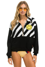 Retro CAUTION SMILEY 2 EMBROIDERY FLEECE HALF ZIP SWEATSHIRT - BLACK WHITE