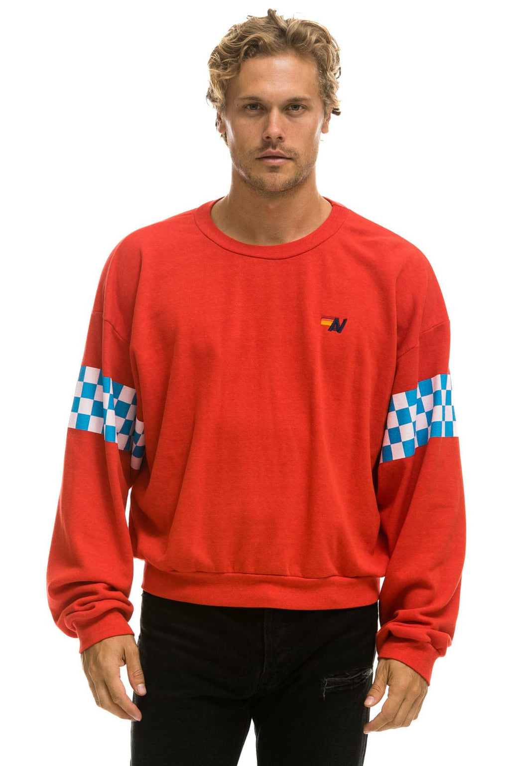 Retro CHECK 2 SLEEVE RELAXED CREW SWEATSHIRT - RED WHITE BLUE