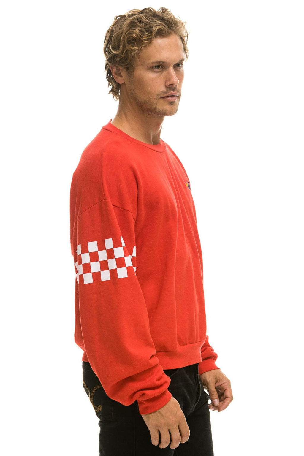 Retro CHECK 2 SLEEVE RELAXED CREW SWEATSHIRT - RED WHITE