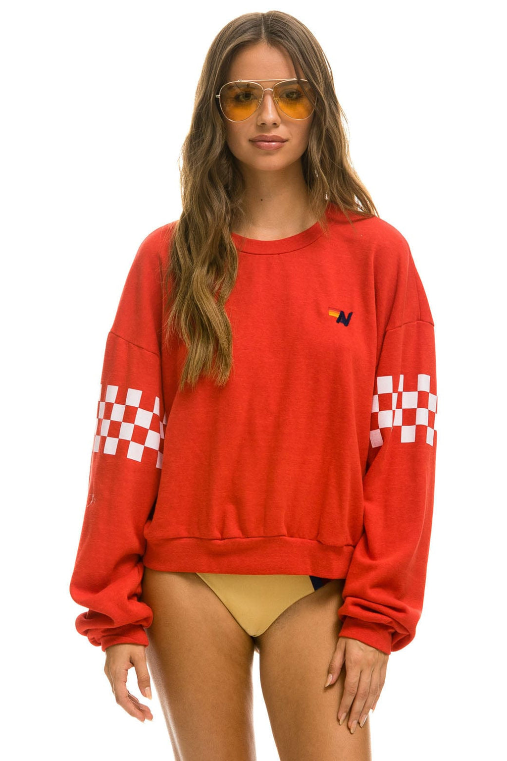 Retro CHECK 2 SLEEVE RELAXED CREW SWEATSHIRT - RED WHITE