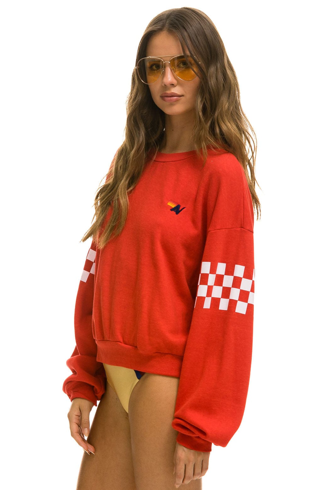 Retro CHECK 2 SLEEVE RELAXED CREW SWEATSHIRT - RED WHITE