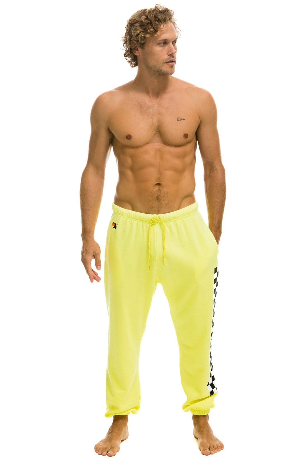 Retro CHECK LEG SWEATPANTS - NEON YELLOW