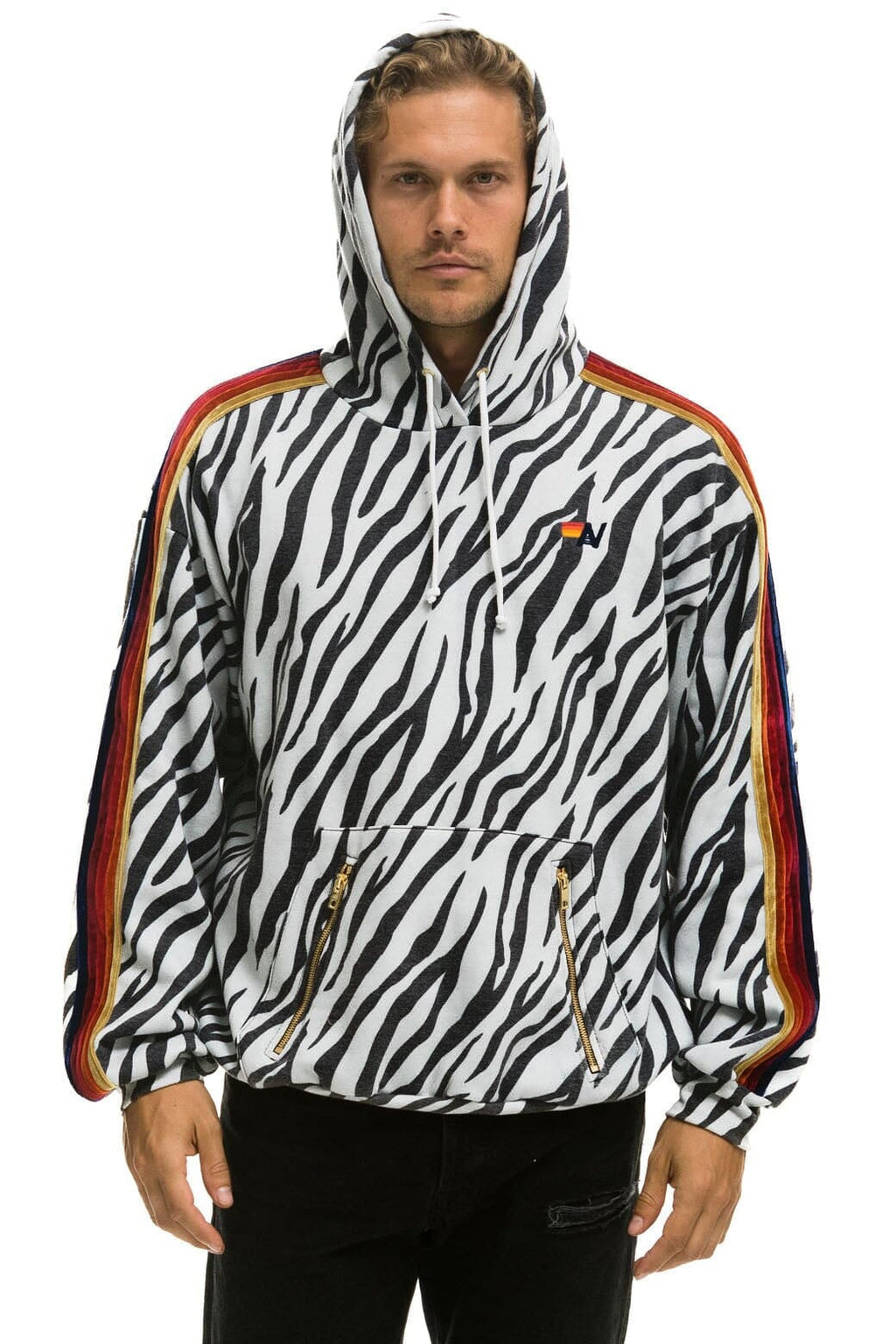 Retro CLASSIC RELAXED PULLOVER HOODIE WITH ZIPPER POCKETS - ZEBRA