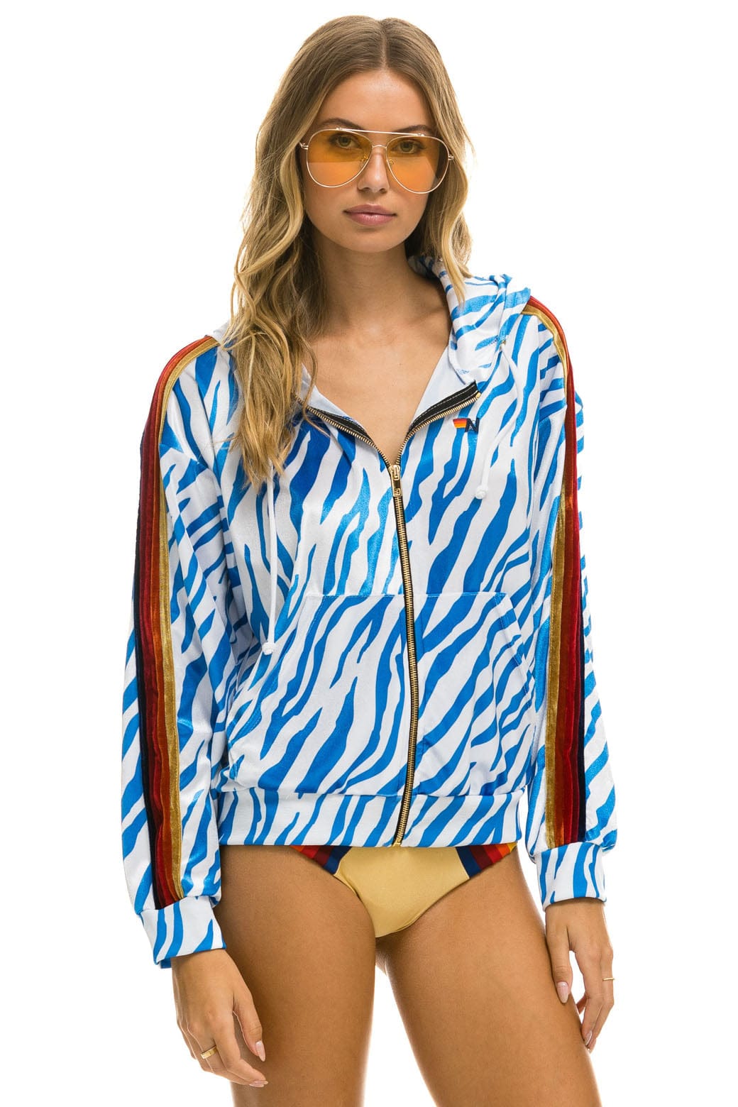 Retro CLASSIC VELVET RELAXED ZIP HOODIE - BLUE TIGER