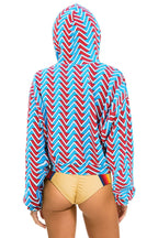 Retro GEO ZIG BOLT EMBRIODERY RELAXED CROPPED PULLOVER HOODIE - RED BLUE