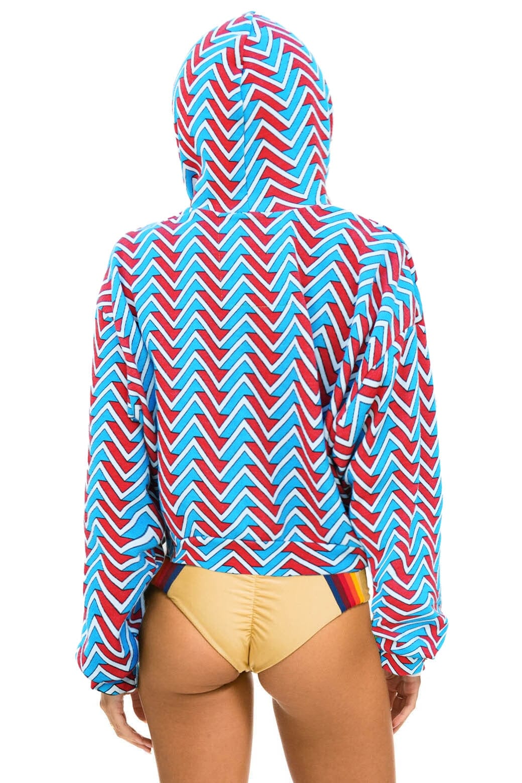 Retro GEO ZIG BOLT EMBRIODERY RELAXED CROPPED PULLOVER HOODIE - RED BLUE