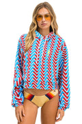 Retro GEO ZIG BOLT EMBRIODERY RELAXED CROPPED PULLOVER HOODIE - RED BLUE