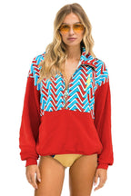 Retro GEO ZIG BOLT EMBROIDERY FLEECE HALF ZIP COLOR BLOCK SWEATSHIRT - RED BLUE