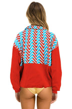 Retro GEO ZIG BOLT EMBROIDERY FLEECE HALF ZIP COLOR BLOCK SWEATSHIRT - RED BLUE