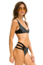 Retro HI-WAISTED SIDE CUT OUT COLOR BLOCK CHEEKY BIKINI BOTTOMS - TITANIUM BLACK