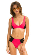 Retro HI-WAISTED SIDE CUT OUT COLOR BLOCK FULL COVERAGE BRIEF BIKINI BOTTOMS - RED BLACK