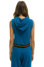 Retro LOGO STRIPE SLEEVELESS CROP PULLOVER HOODIE - CARIBBEAN