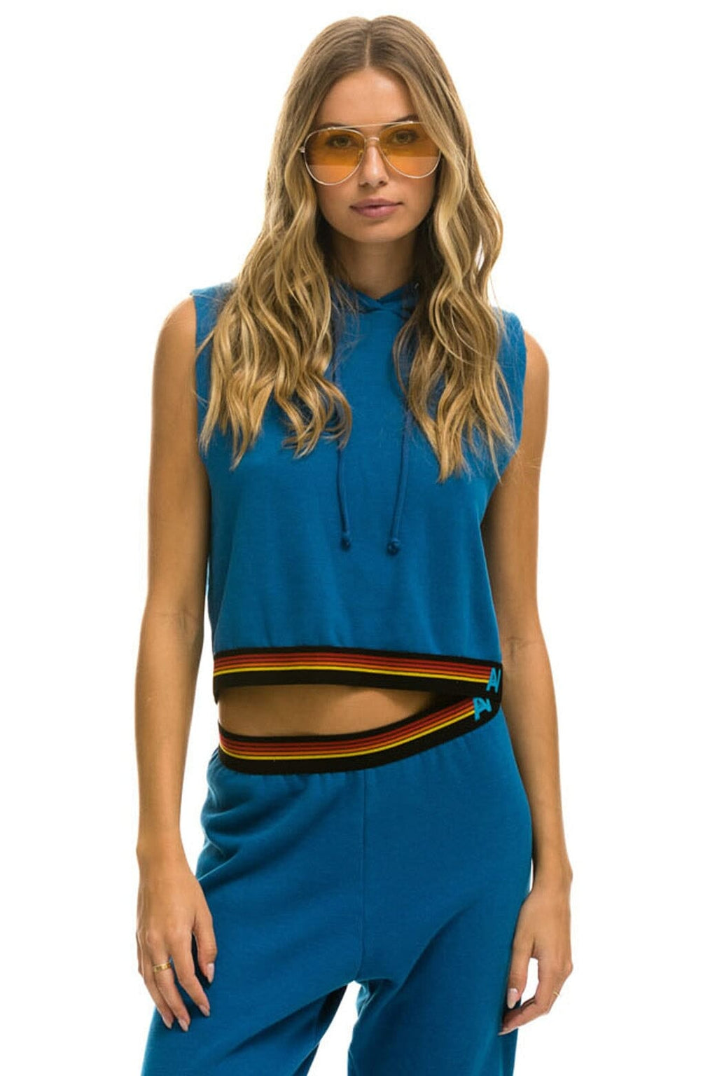 Retro LOGO STRIPE SLEEVELESS CROP PULLOVER HOODIE - CARIBBEAN