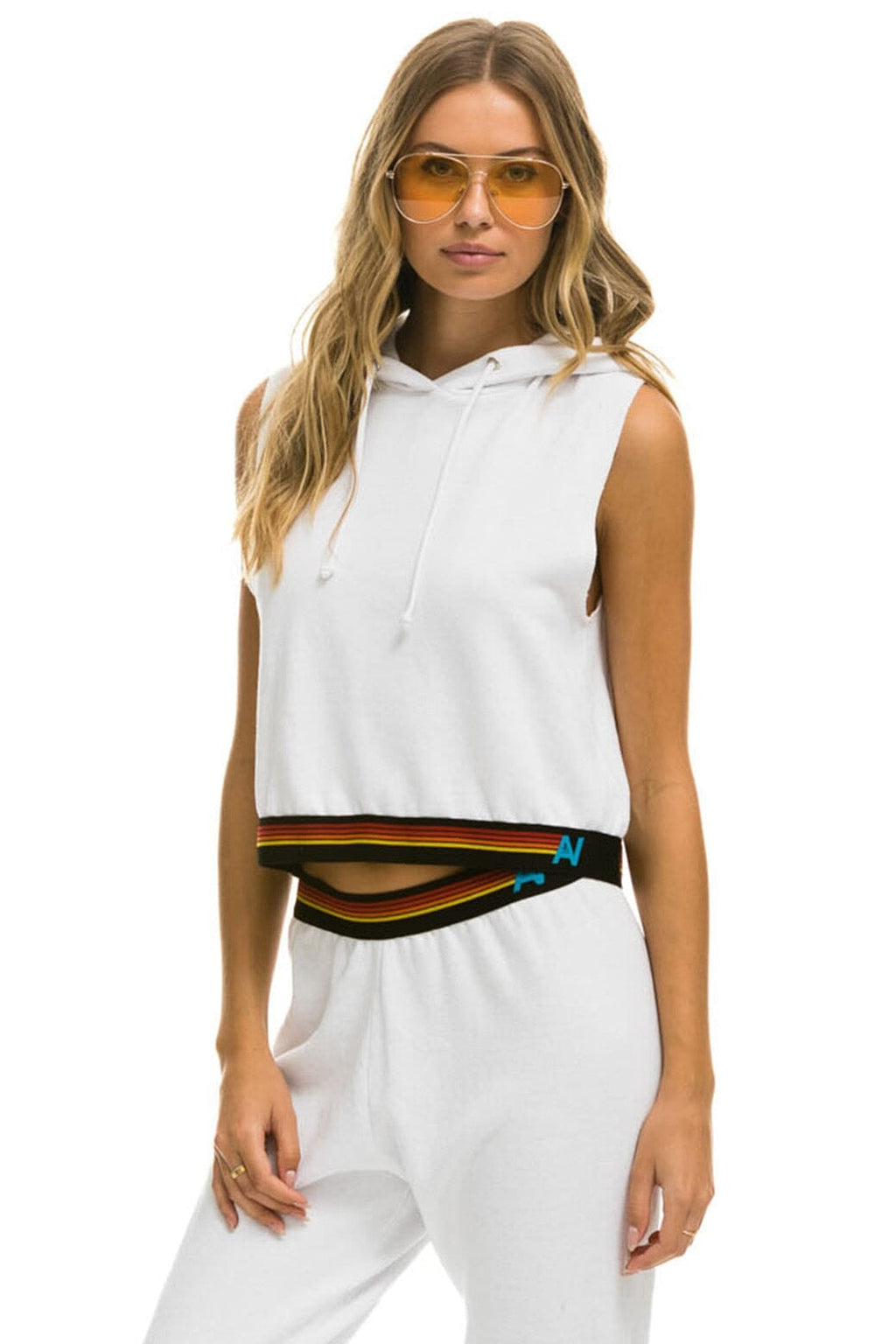Retro LOGO STRIPE SLEEVELESS CROP PULLOVER HOODIE - WHITE