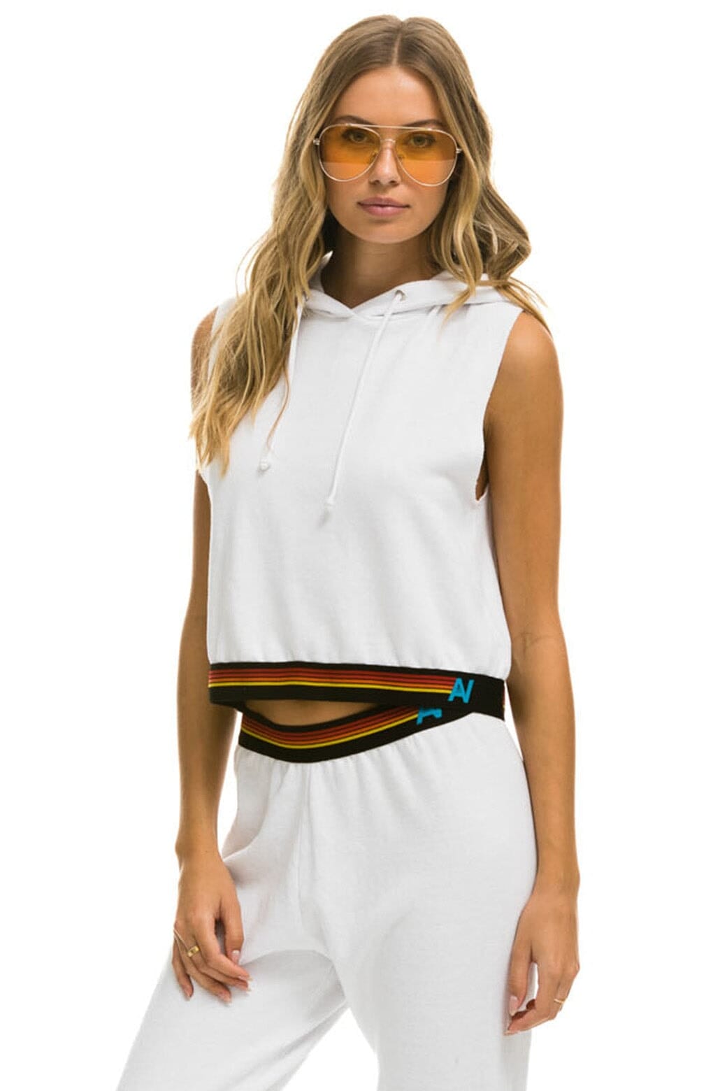 Retro LOGO STRIPE SLEEVELESS CROP PULLOVER HOODIE - WHITE