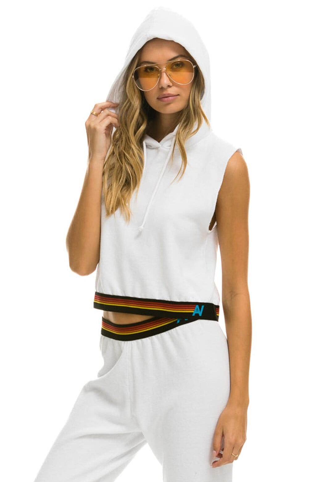Retro LOGO STRIPE SLEEVELESS CROP PULLOVER HOODIE - WHITE