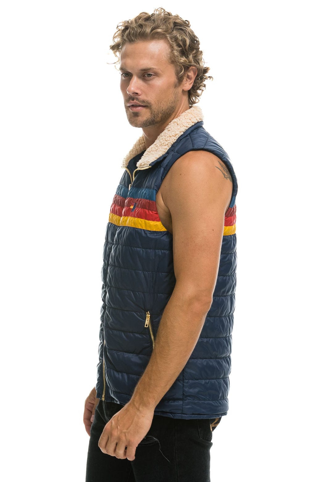 Retro MENS 4 STRIPE VEST SHERPA - NAVY
