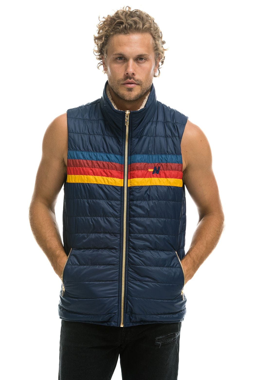 Retro MENS 4 STRIPE VEST SHERPA - NAVY