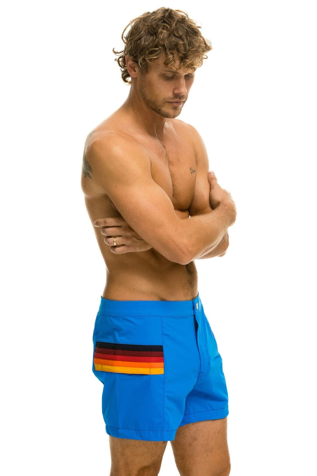 Retro MENS HORIZONTAL 5 STRIPE FLEX SHORTS - PARROT BLUE