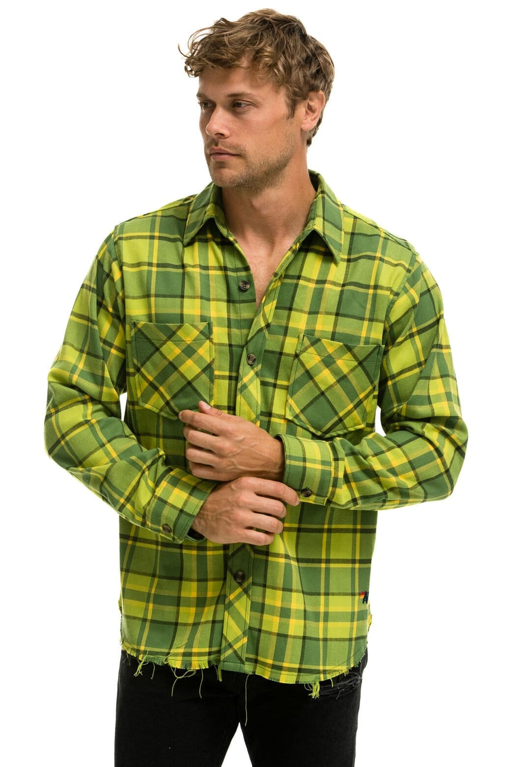 Retro PLAID FLANNEL LIGHT WEIGHT UNISEX WESTERN SHIRT - AVOCADO PLAID