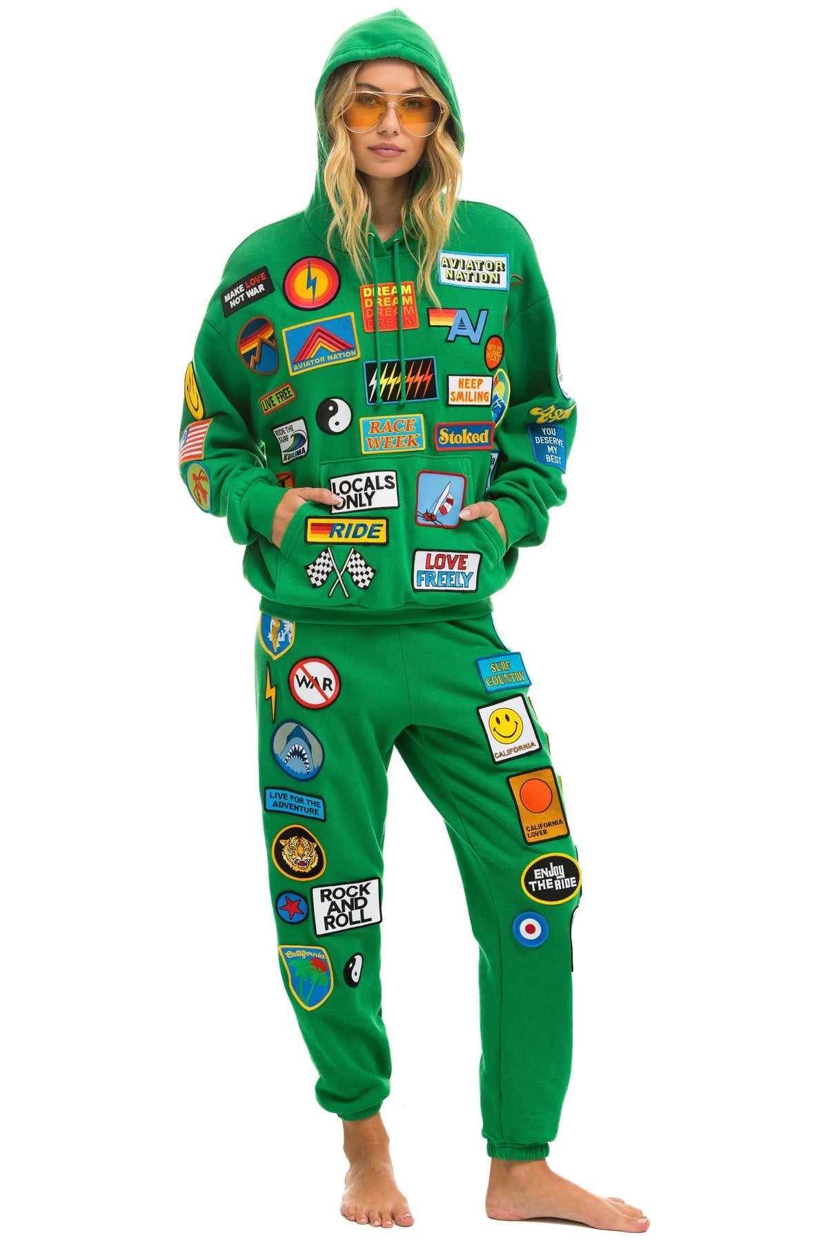 Retro VINTAGE PATCH RELAXED PULLOVER HOODIE- KELLY GREEN