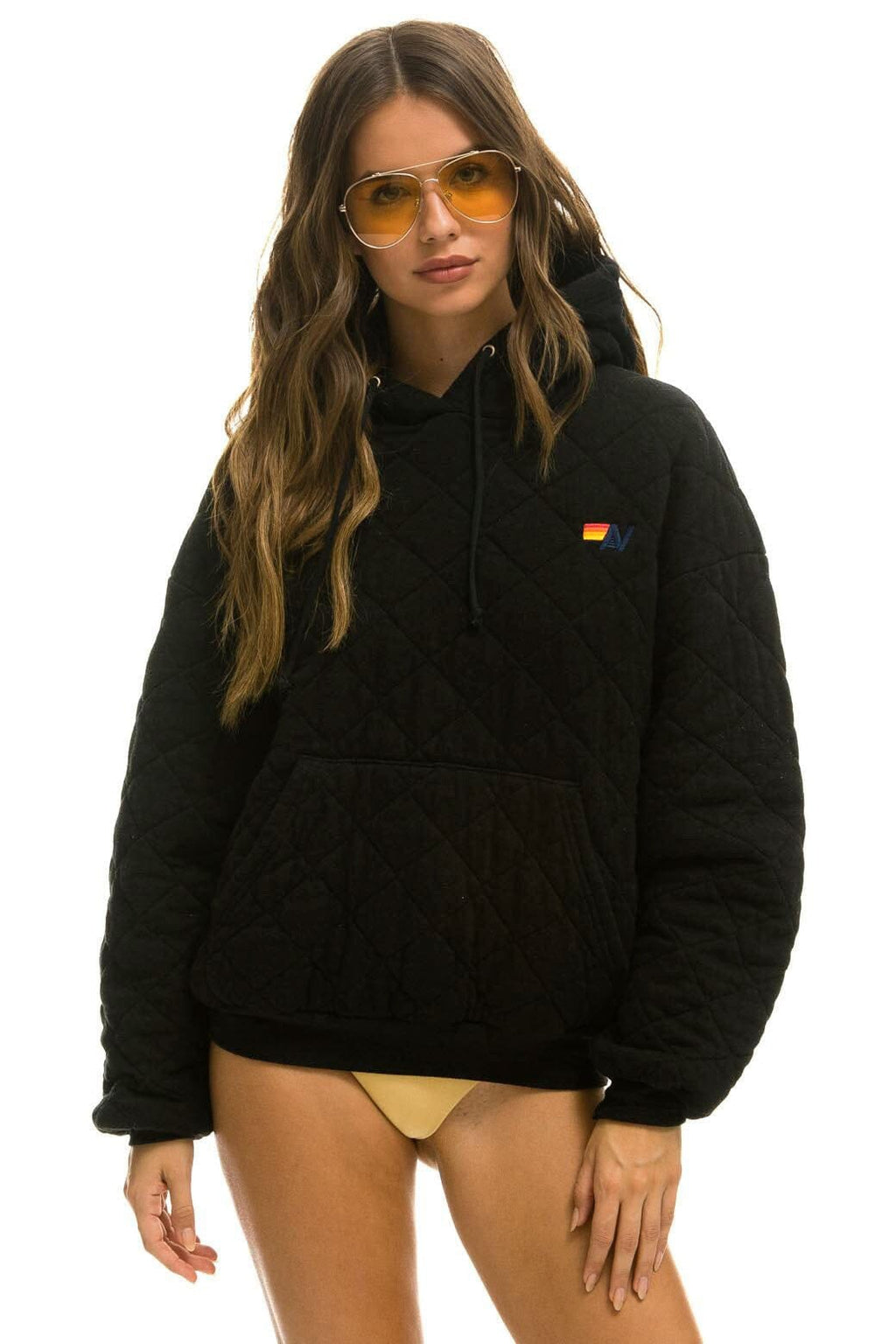Retro QUILTED RELAXED PULLOVER HOODIE - BLACK