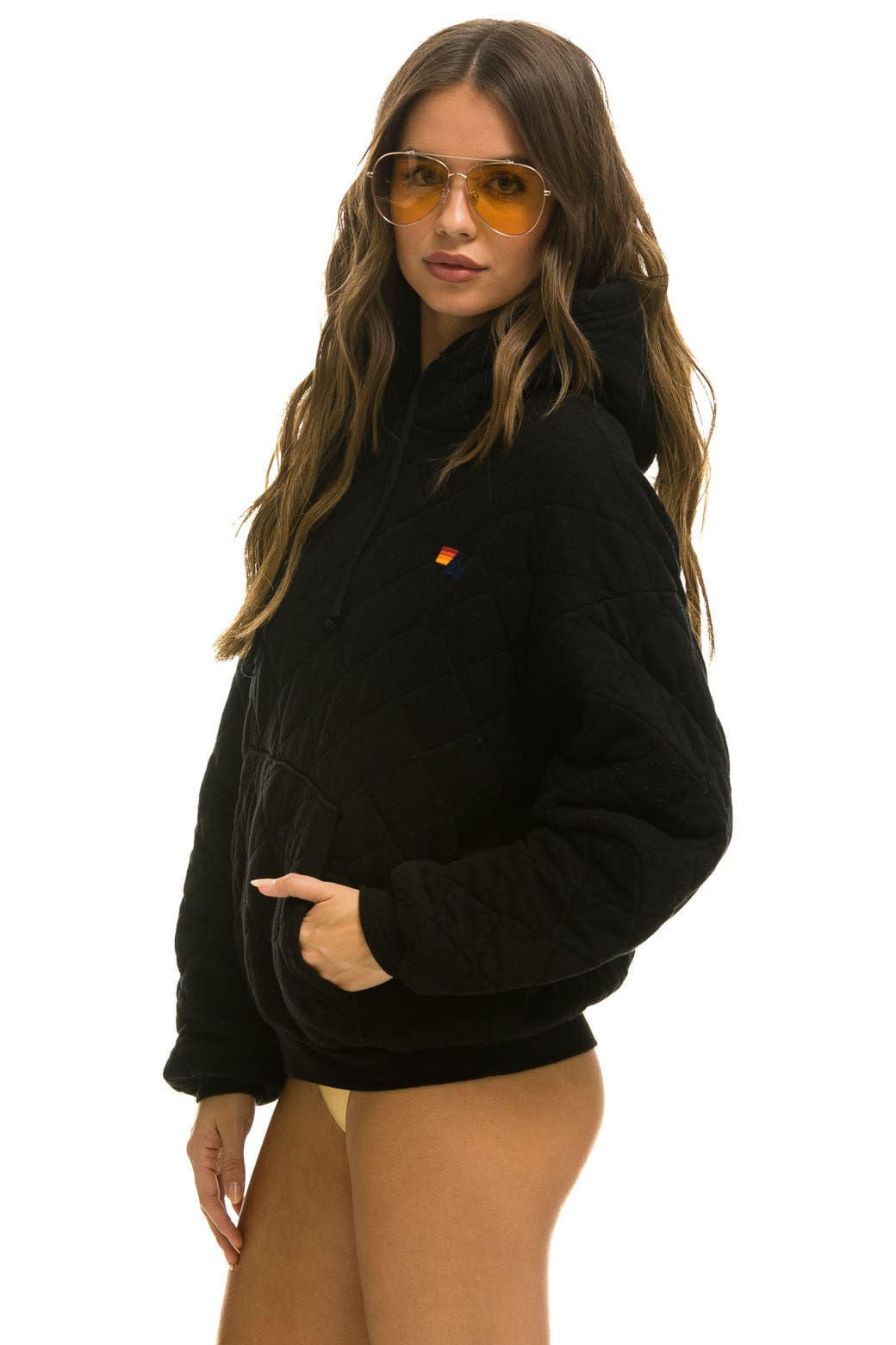 Retro QUILTED RELAXED PULLOVER HOODIE - BLACK