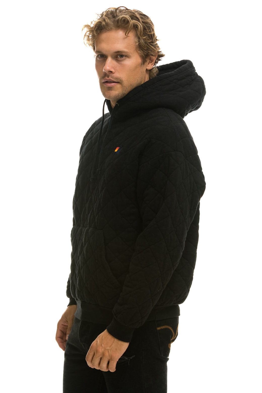 Retro QUILTED RELAXED PULLOVER HOODIE - BLACK