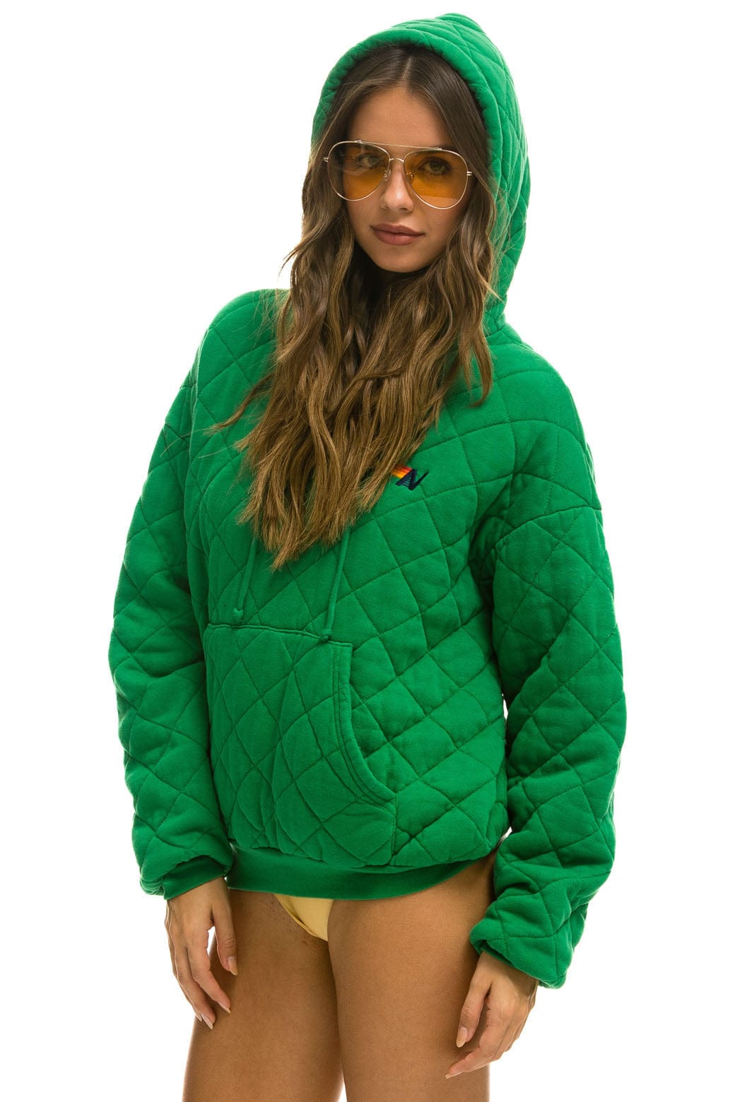 Retro QUILTED RELAXED PULLOVER HOODIE - KELLY GREEN