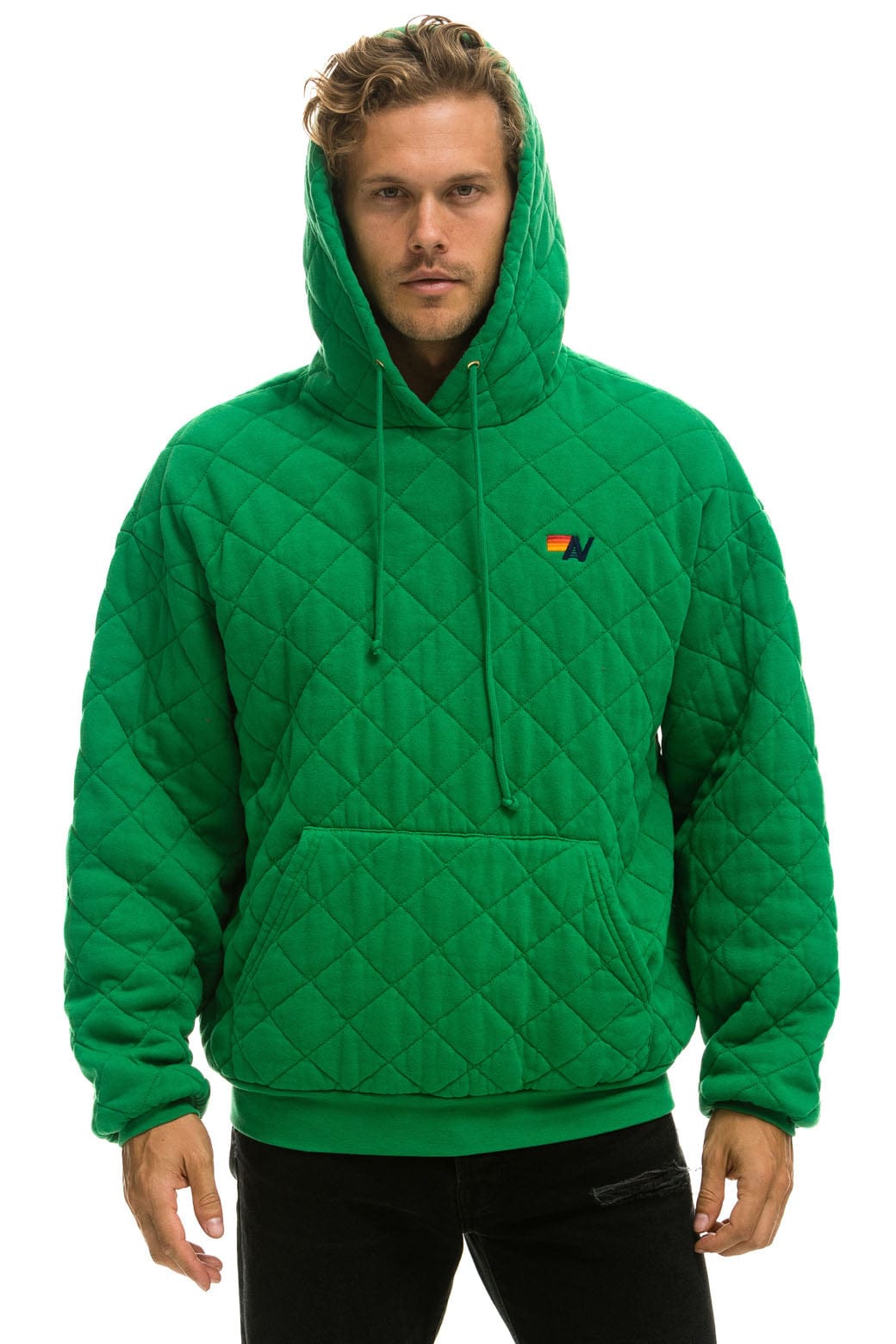 Retro QUILTED RELAXED PULLOVER HOODIE - KELLY GREEN