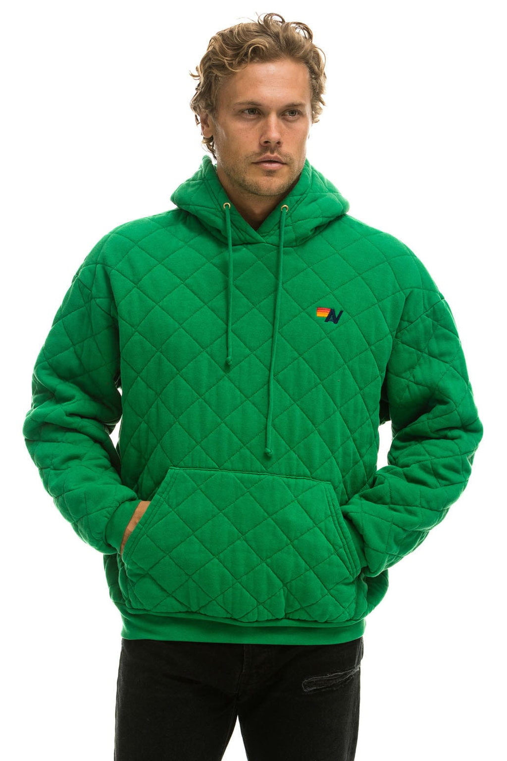 Retro QUILTED RELAXED PULLOVER HOODIE - KELLY GREEN