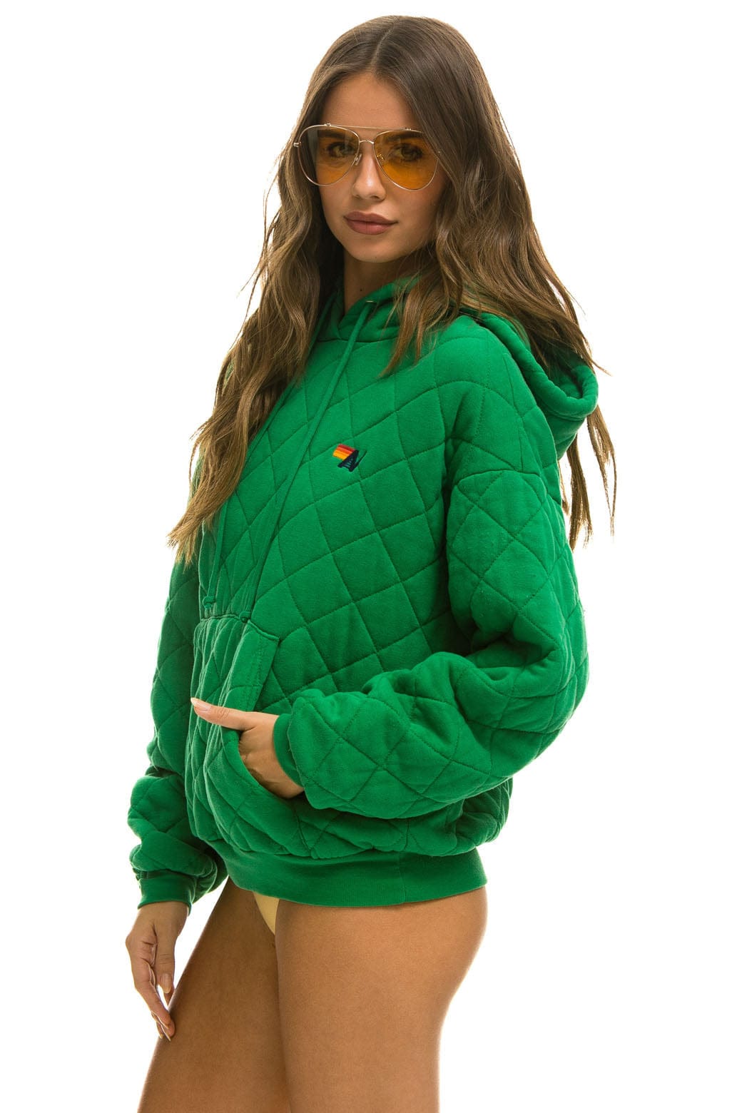Retro QUILTED RELAXED PULLOVER HOODIE - KELLY GREEN