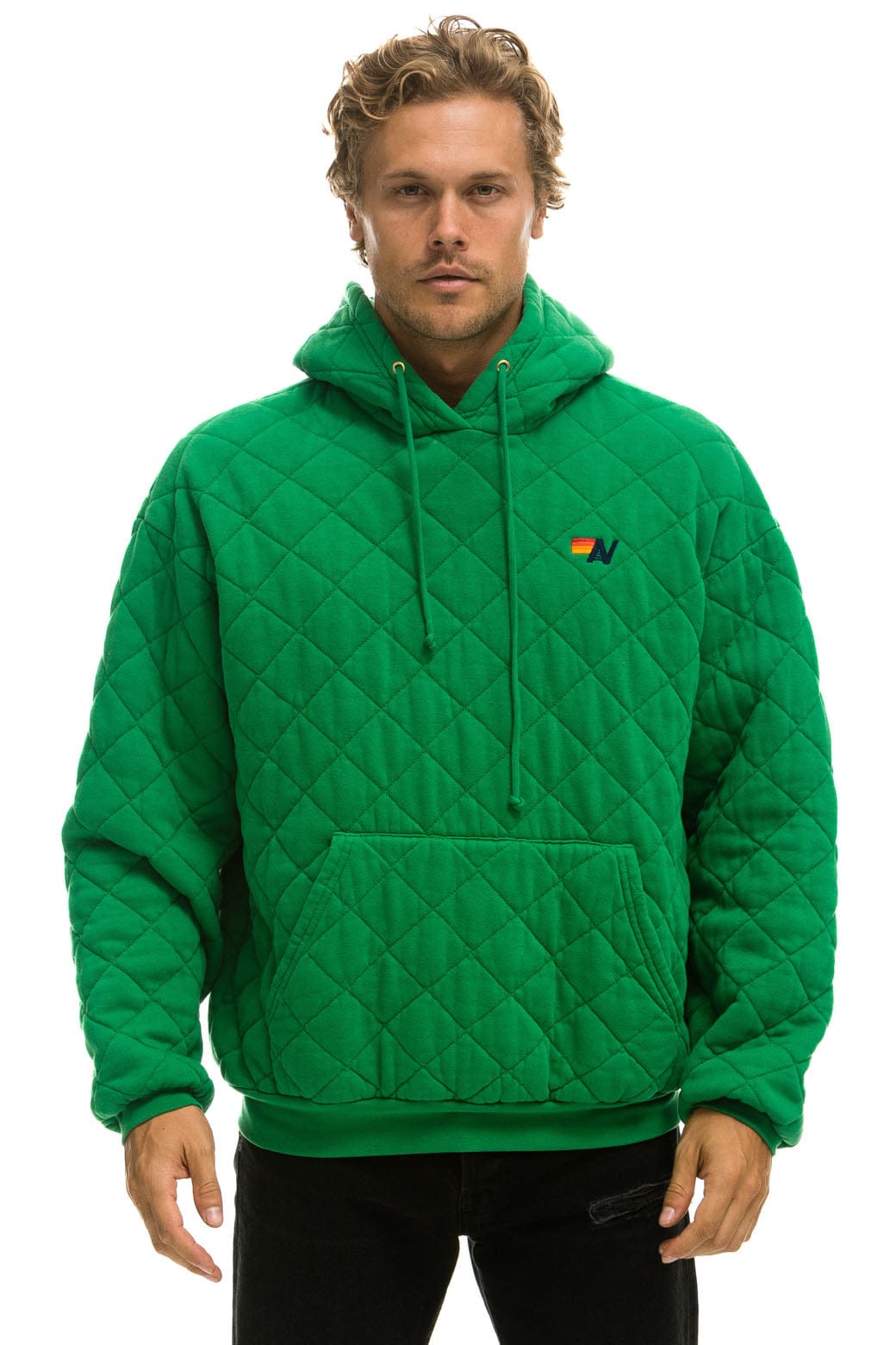 Retro QUILTED RELAXED PULLOVER HOODIE - KELLY GREEN