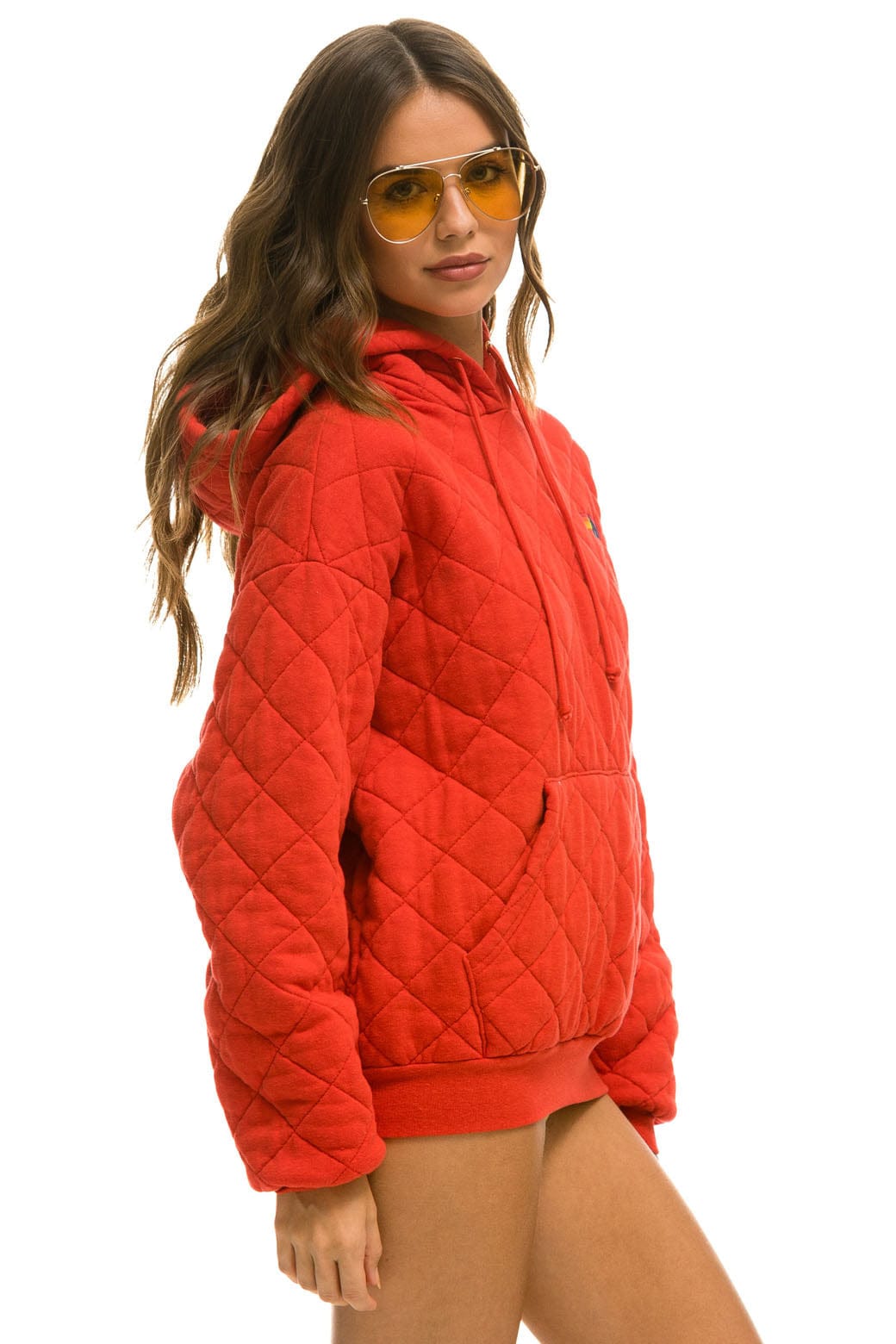 Retro QUILTED RELAXED PULLOVER HOODIE - RED