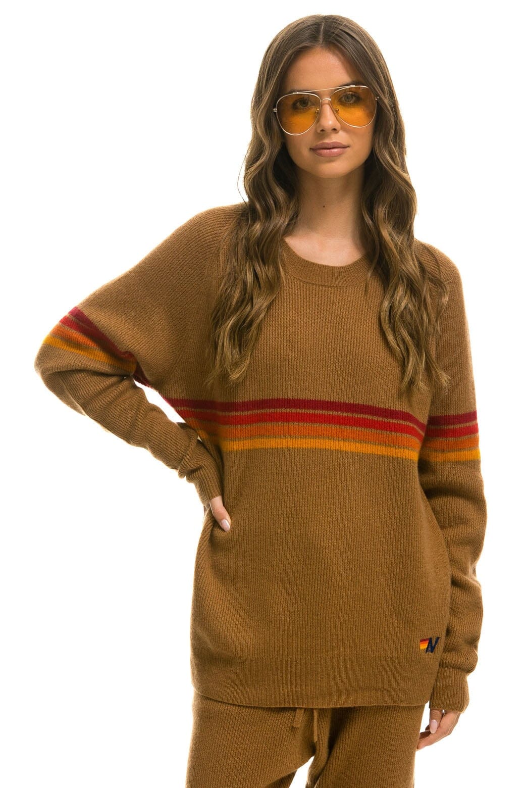 Retro RAINBOW STRIPE 4 UNISEX CASHMERE SWEATER - BUTTERSCOTCH
