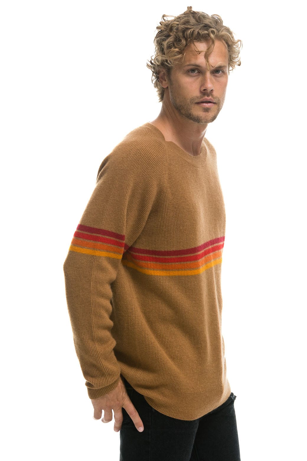 Retro RAINBOW STRIPE 4 UNISEX CASHMERE SWEATER - BUTTERSCOTCH