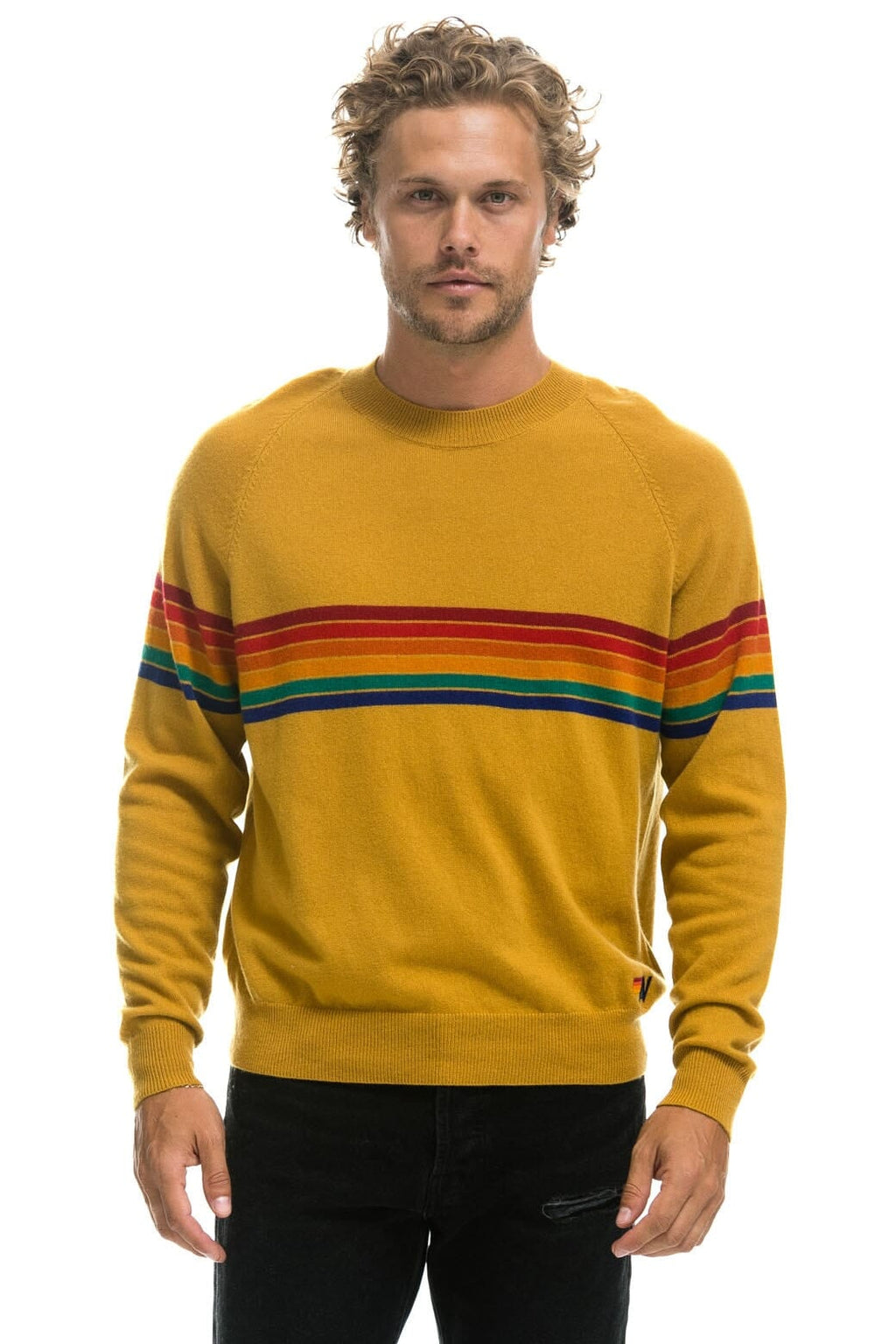Retro RAINBOW STRIPE 6 UNISEX LIGHT CASHMERE SWEATER - HARVEST