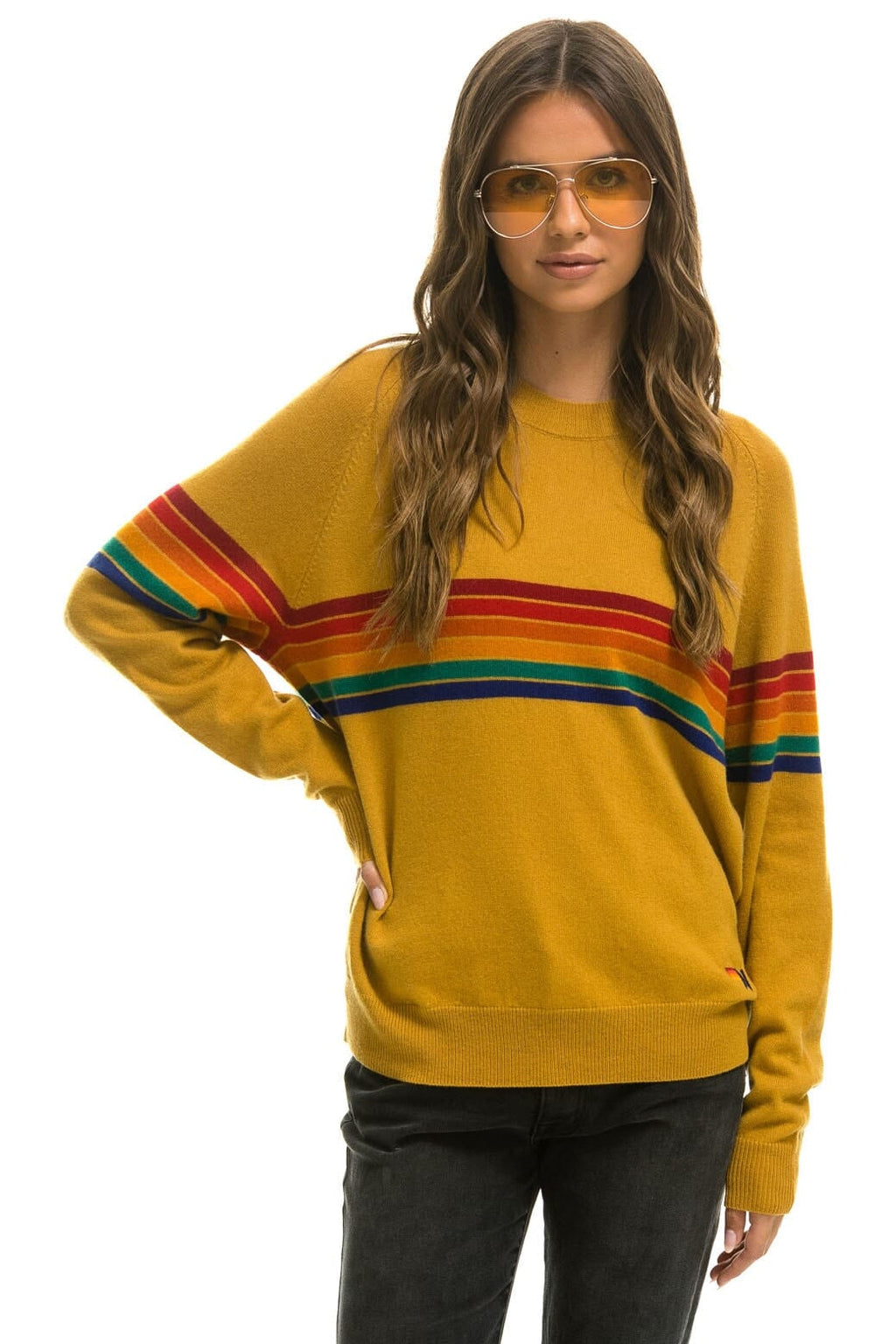 Retro RAINBOW STRIPE 6 UNISEX LIGHT CASHMERE SWEATER - HARVEST
