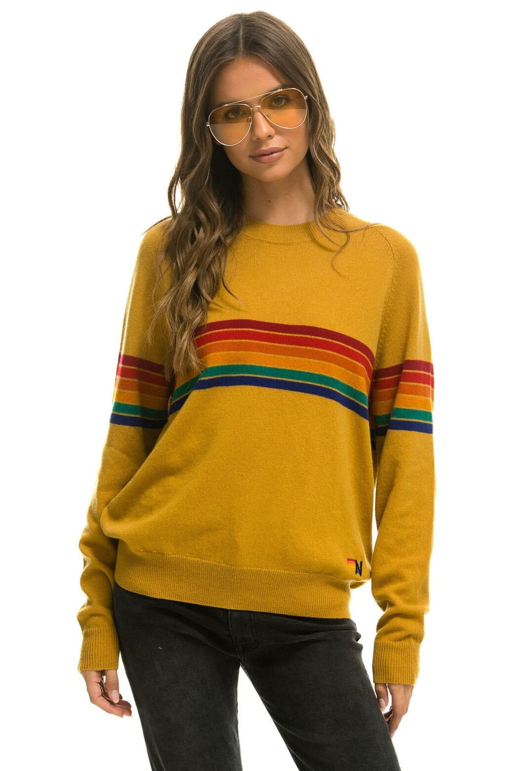 Retro RAINBOW STRIPE 6 UNISEX LIGHT CASHMERE SWEATER - HARVEST
