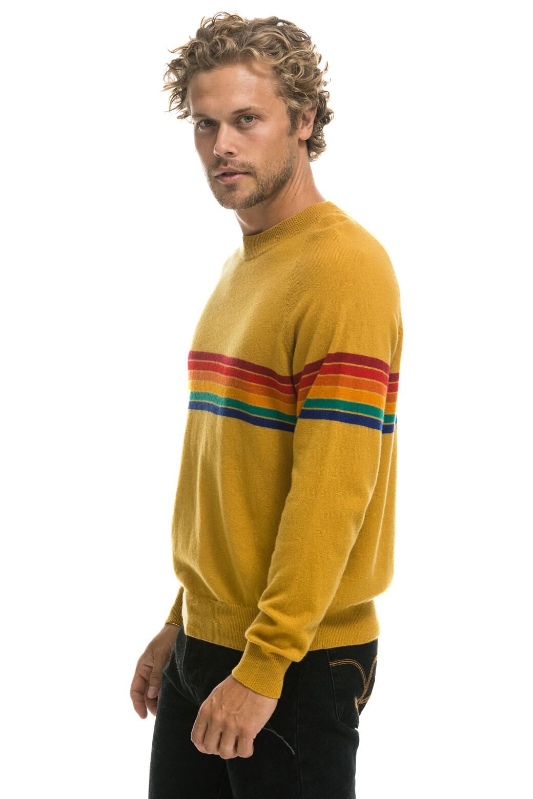 Retro RAINBOW STRIPE 6 UNISEX LIGHT CASHMERE SWEATER - HARVEST