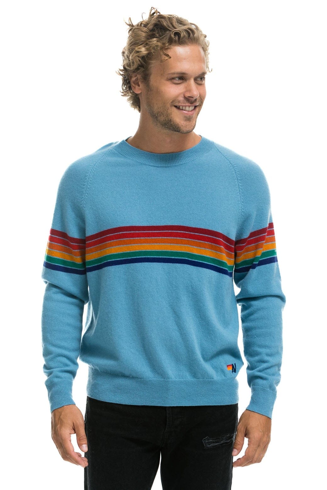 Retro RAINBOW STRIPE 6 UNISEX LIGHT CASHMERE SWEATER - OCEAN