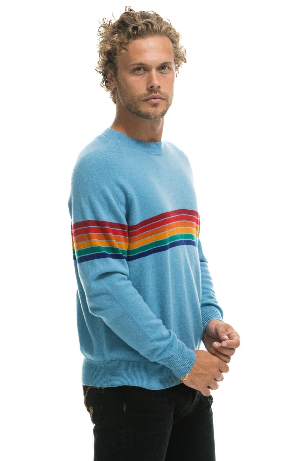 Retro RAINBOW STRIPE 6 UNISEX LIGHT CASHMERE SWEATER - OCEAN