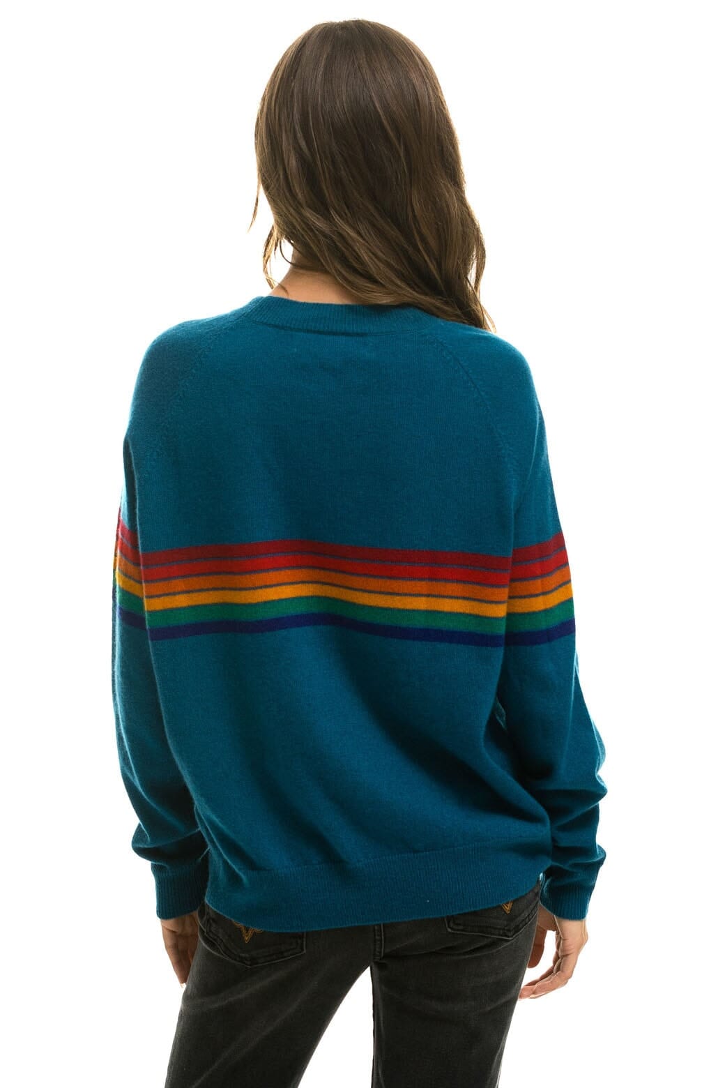 Retro RAINBOW STRIPE 6 UNISEX LIGHT CASHMERE SWEATER - PEACOCK
