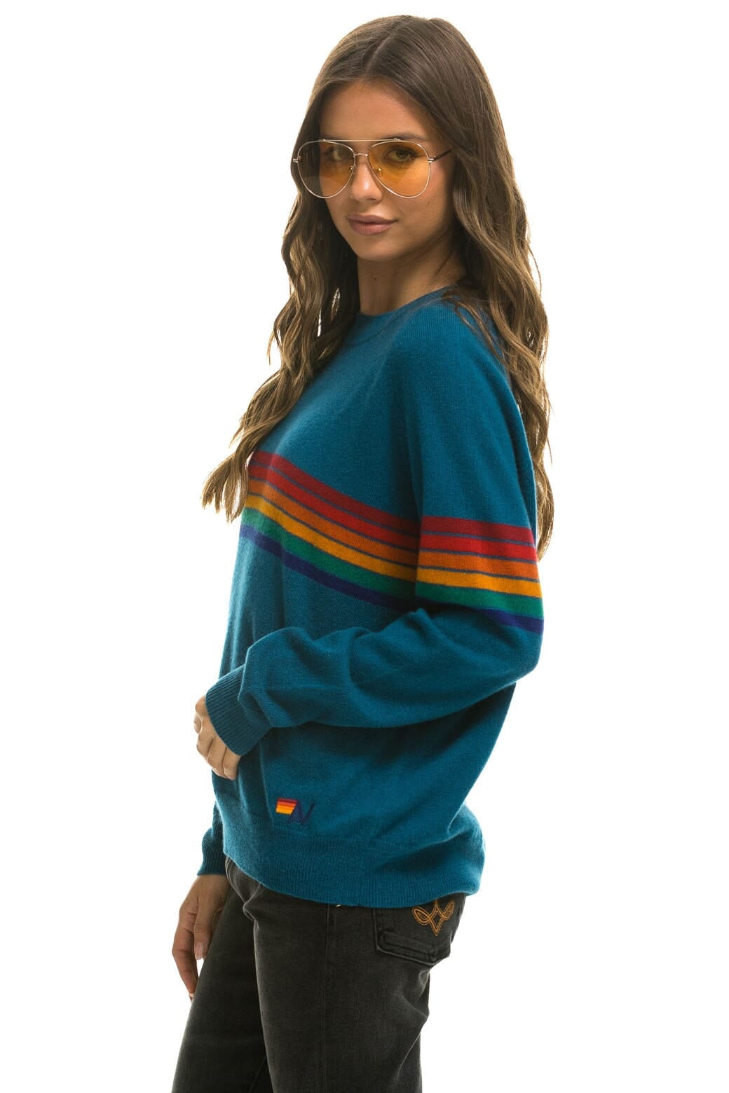 Retro RAINBOW STRIPE 6 UNISEX LIGHT CASHMERE SWEATER - PEACOCK