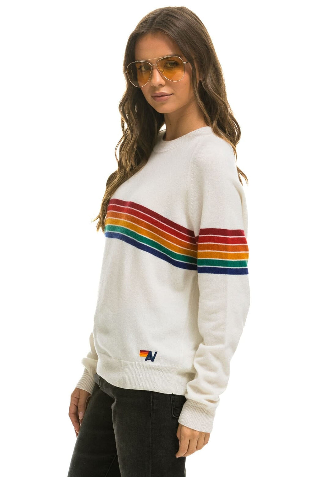 Retro RAINBOW STRIPE 6 UNISEX LIGHT CASHMERE SWEATER - SNOW